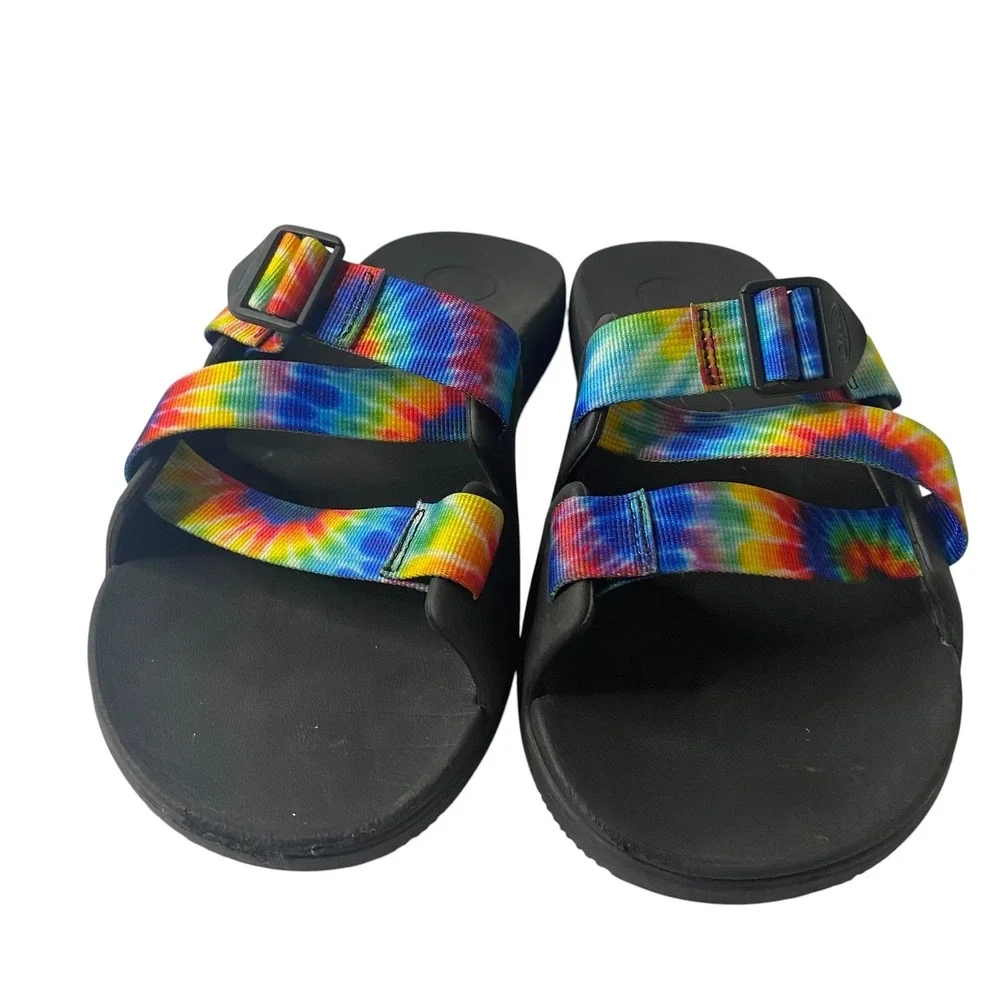 Chaco Chillos Slide Sandals Men 11 Black Rainbow Tie‎ Dye Adjustable Straps EVA